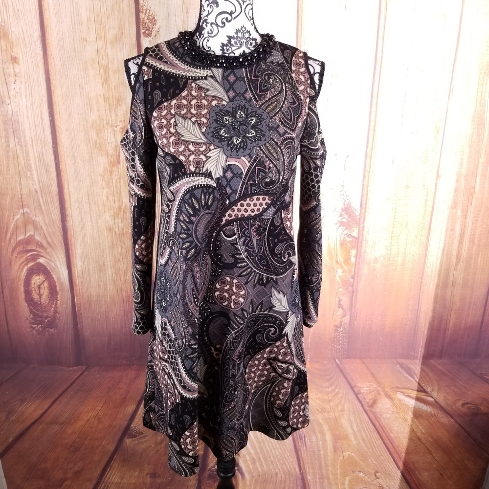 Label Long Sleeve Mini Dress w/Cutout Shoulders